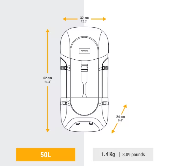 کوله پشتی کوهنوردی 50 لیتر مدل MT100 Easyfit برند فورکلاز Forclaz